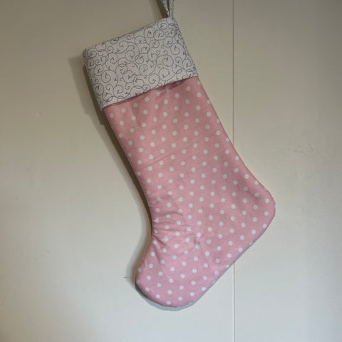 Christmas Stocking - Pink Dotts with Sliver Swirls