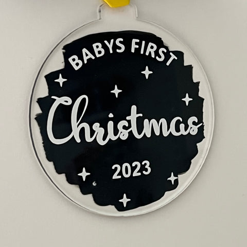 Christmas Bauble - Baby’s First Christmas - White Vinyl, Black Background