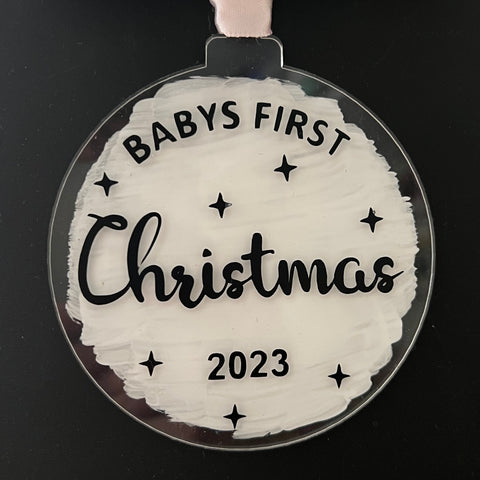 Christmas Bauble - Baby’s First Christmas - Black Vinyl, White Background