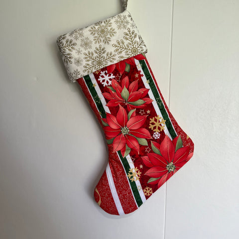 Christmas Stocking - Christmas Flowers with Gold Snowflakes