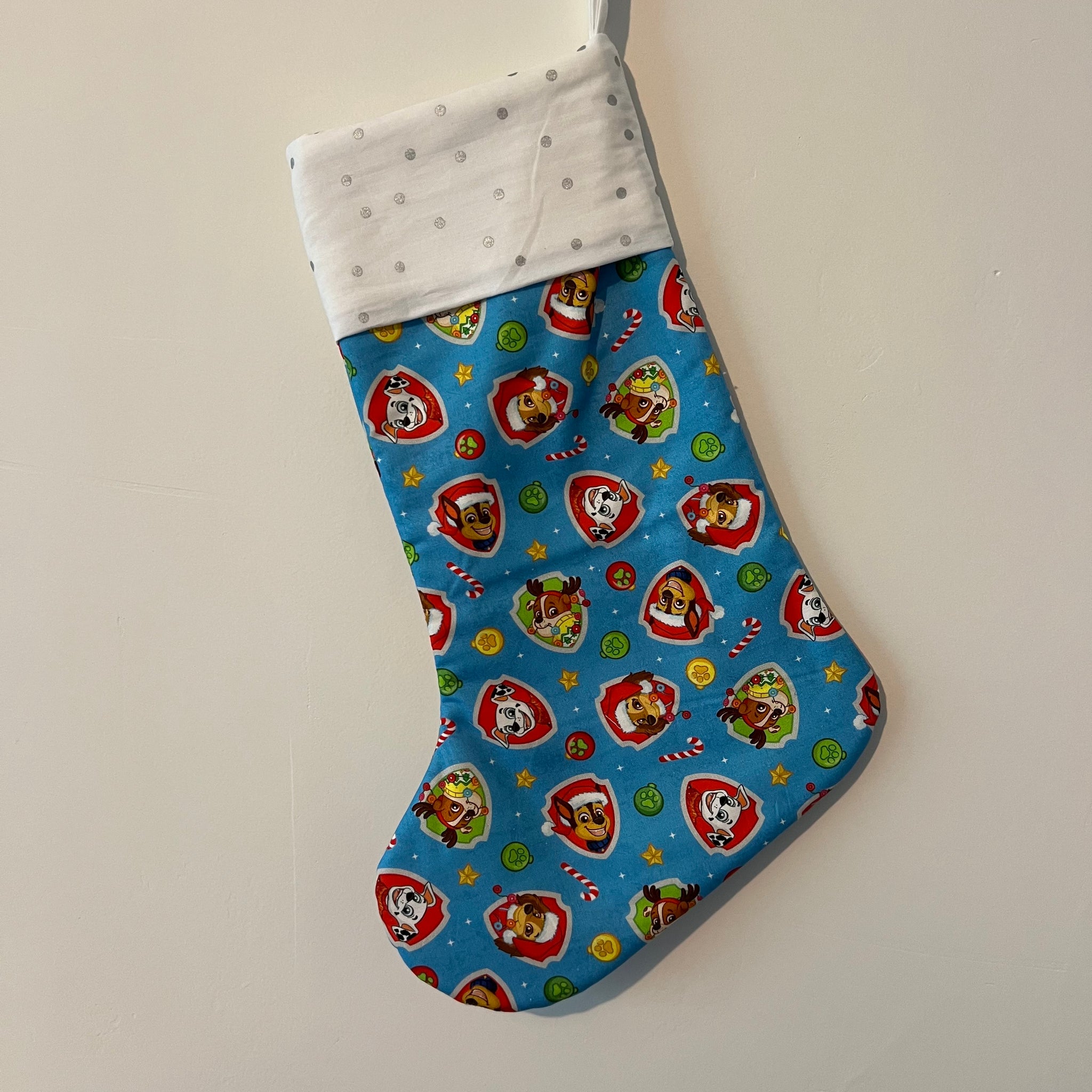 Christmas Stocking - Paw Patrol Shields with Silver Spots