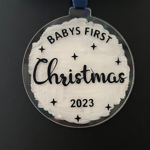 Christmas Bauble - Baby’s First Christmas - Black Vinyl, White Background