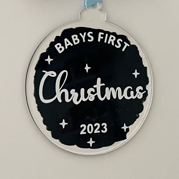 Christmas Bauble - Baby’s First Christmas - White Vinyl, Black Background